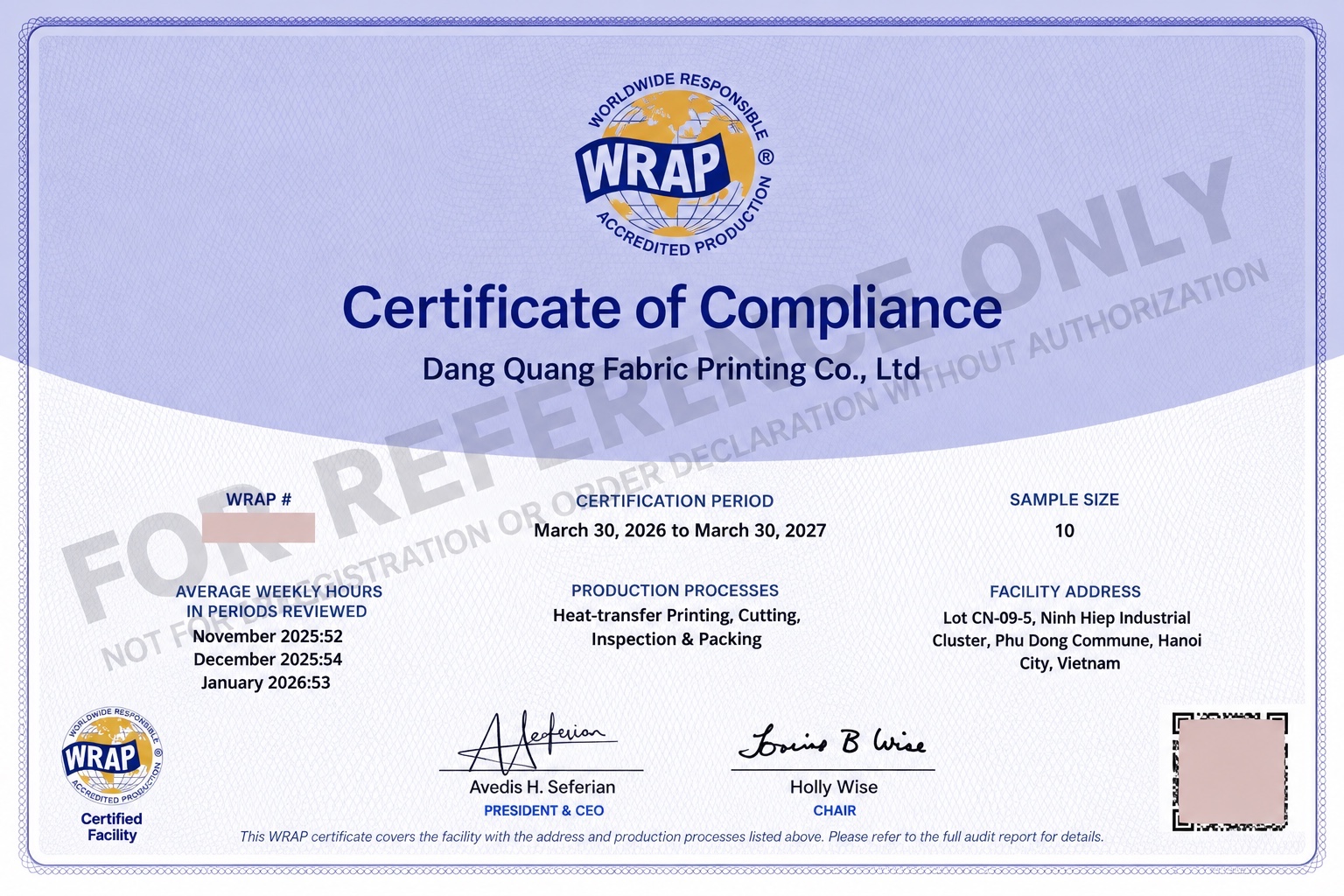 Công ty In Vải Đăng Quang đạt chứng nhận WRAP