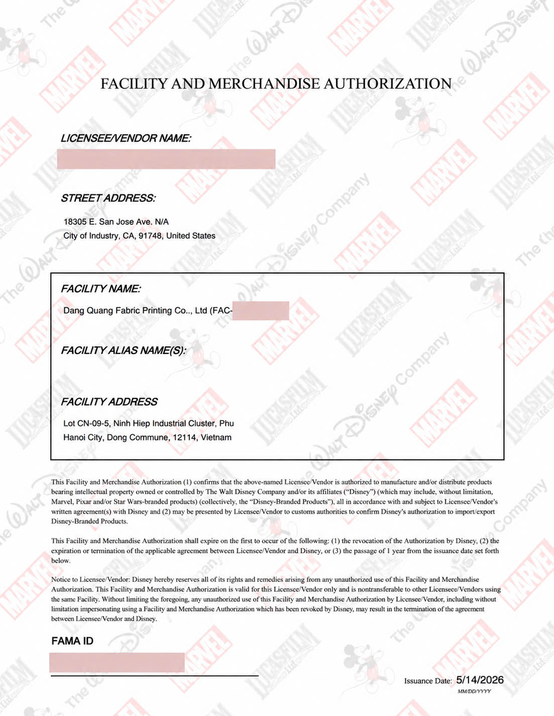 Disney Approval FAMA - In Vải Đăng Quang